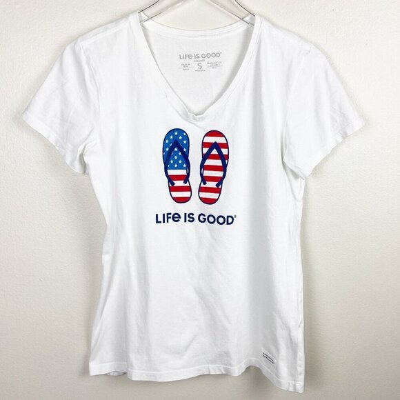 LIFE IS GOOD | Women's Americana Flip Flops Crusher V Neck White Tee Small - Picture 1 of 7